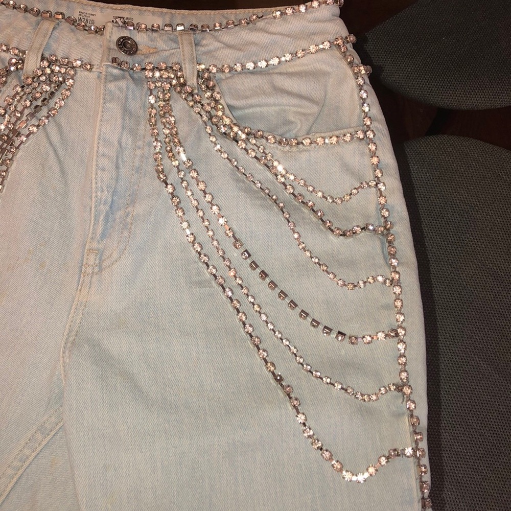 Topshop Rhinestone “Moto Mom Blue Jeans”
